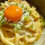 Mentaiko Carbonara udon with Onsen Egg